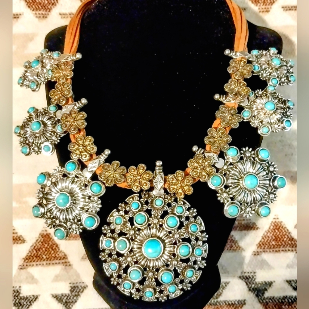 Large Turquoise Necklace on Brown Leather